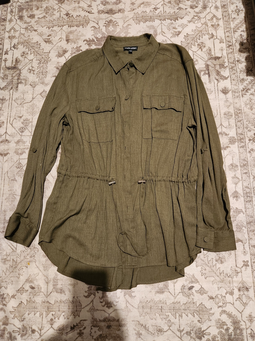 Casual Olive Drawstring Button-Down Shirt - Women's